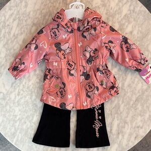 Minnie Mouse 3 Piece Rain Jacket w/ Hood, L Sleeve Shirt and Blk Flare Pants 12M